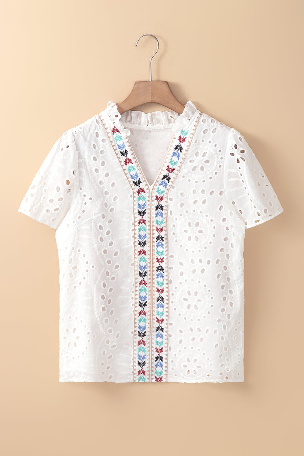 White Geometric Embroidery Hollow Out Blouse