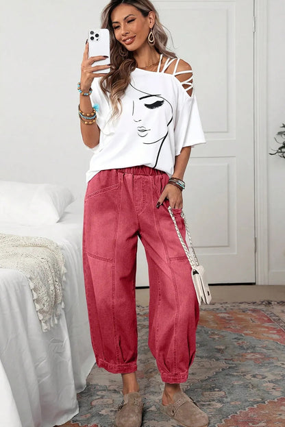 Mineral Red Vintage Washed Elastic Waist Pull On Ankle-length Barrel Jeans