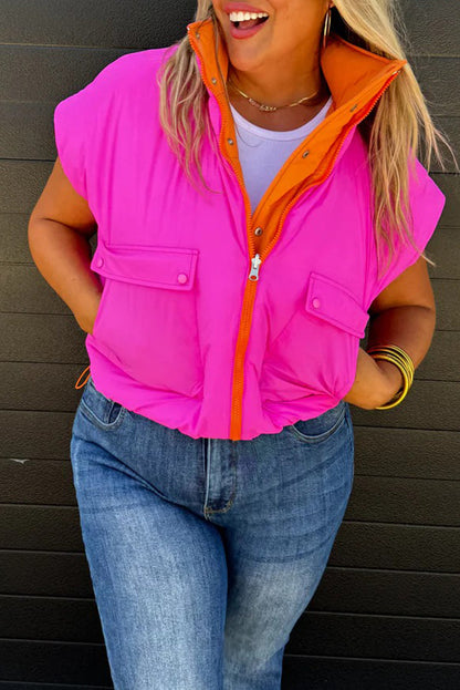 Bright Pink Color Block Liner Patchwork Snap Button Zip Up Winter Vest
