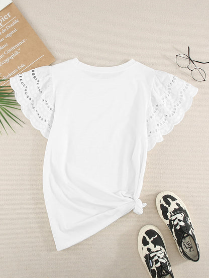 Elegant White Ruffle Sleeve Tee with Cut-Out Design