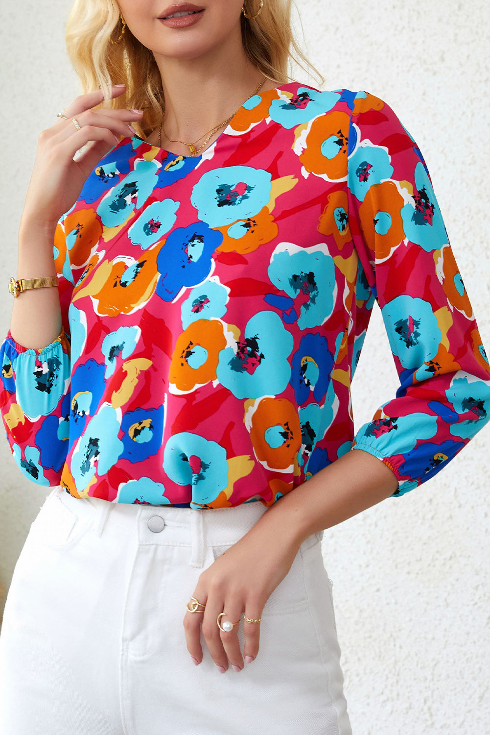 Elegant Rose Floral V Neck Blouse with Bracelet Sleeves