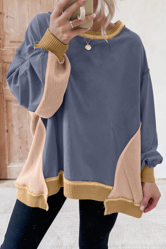 Wild Wind Color Block Mix Texture Waffle Patchwork Oversize Sweatshirt