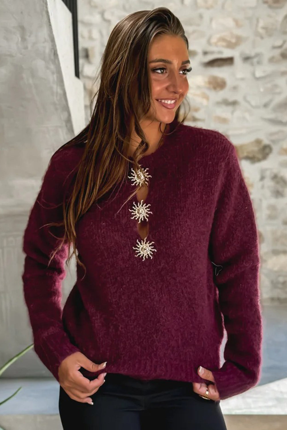 Red Dahlia Solar Button Neck Womens Casual Sweater