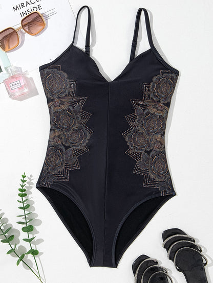Elegant Black Floral Crisscross Back One-Piece Swimsuit