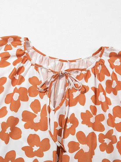 Orange Floral Print Plus Size V Neck Short Sleeve Blouse with Drawstring