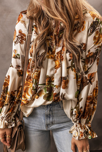 Apricot Feminine Floral V-Neck Ruffle Sleeve Blouse