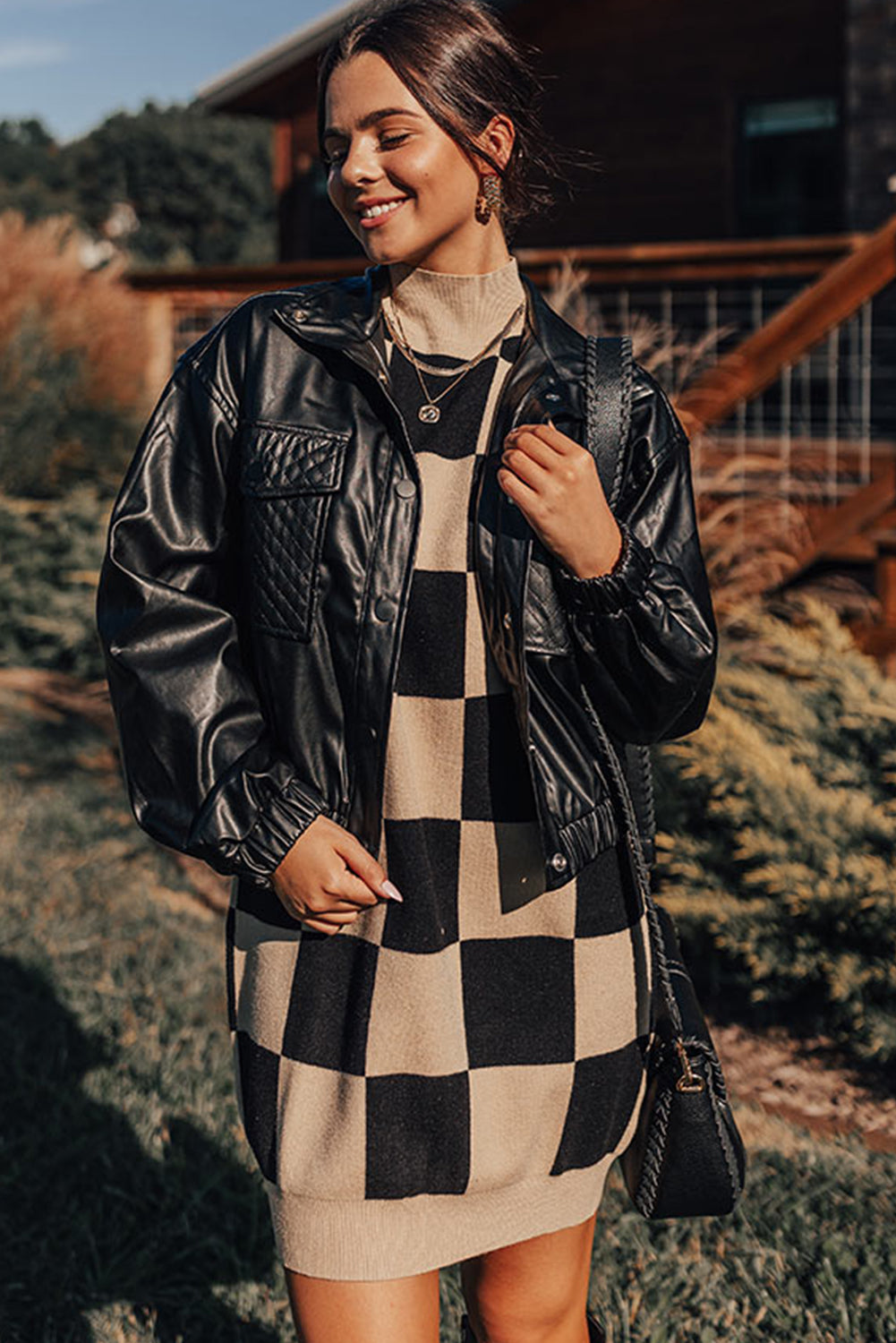 Black Checkered Pattern Knit Drop Shoulder High Neck Sweater Dress