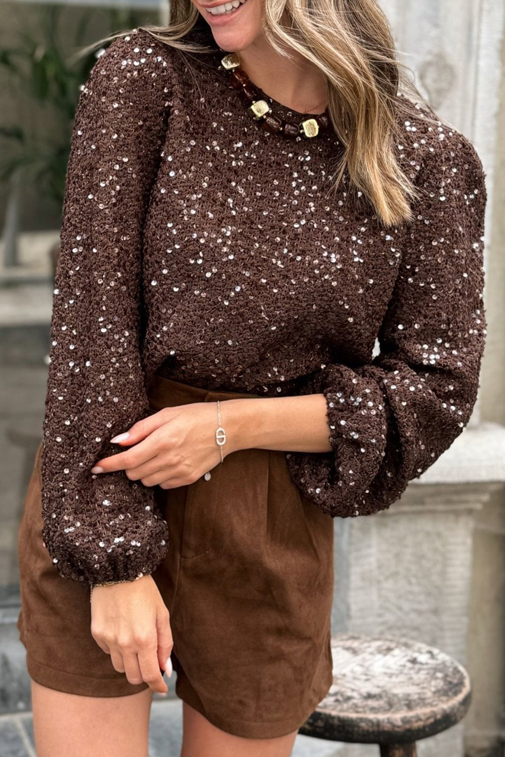 Chicory Coffee Sequin Textured Puff Sleeve Top