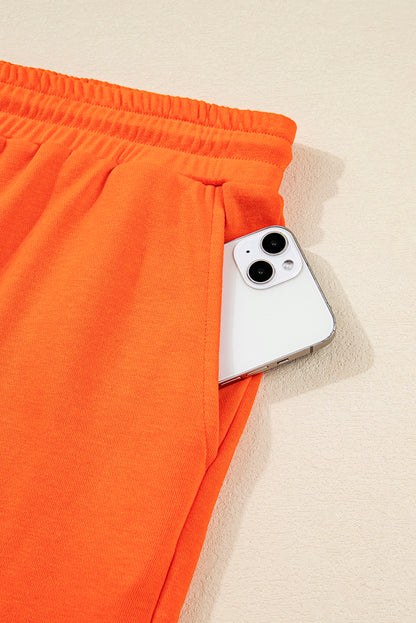 Orange Plus Size Varsity Striped Drop Shoulder Pullover Drawstring Elastic Waistband Short Set