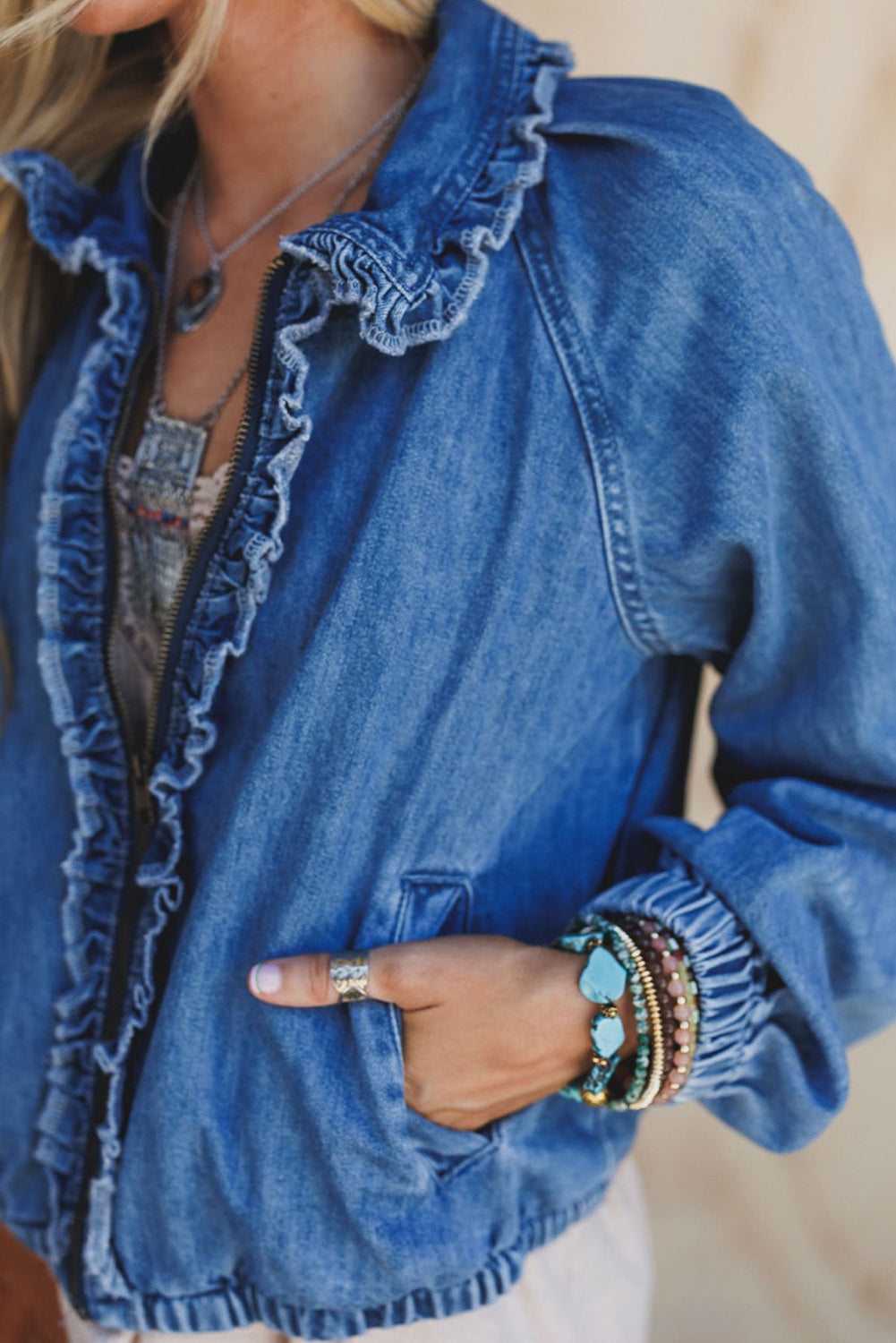 Real Teal Frilled Trim Zip Up Elastic Cuffed Denim Jacket