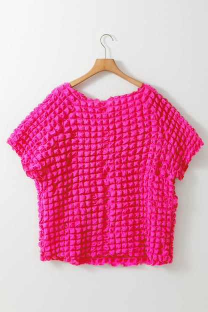 Strawberry Pink Bubble Textured Square Neck Plus Size Top with Short Sleeves