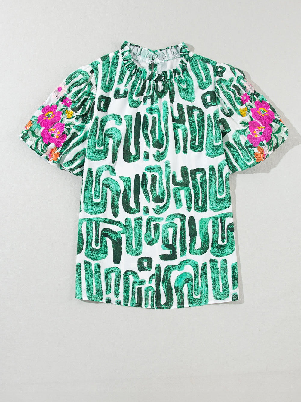 Green Floral Embroidered Puff Sleeve Frilled Neck Shift Top