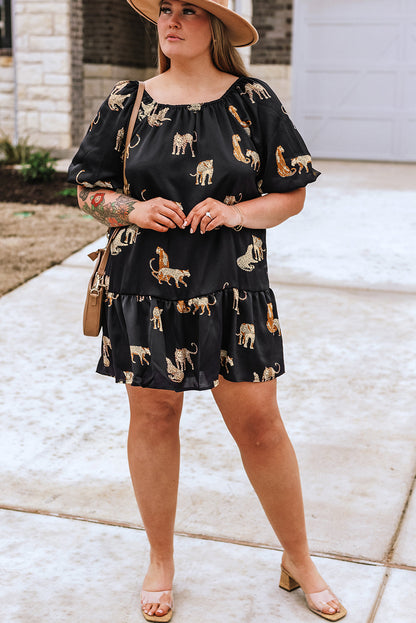 Cheetah Wonderland Plus Size Mini Dress with Puff Sleeve Flair
