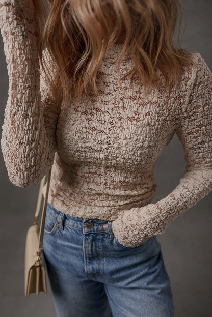 Jet Stream Lace Textured Mock Neck Long Sleeve Slim Top