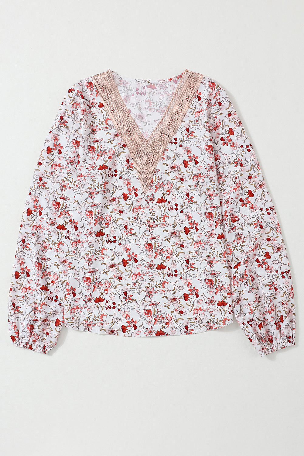Elegant White Lace V-Neck Blouse with Floral Pattern