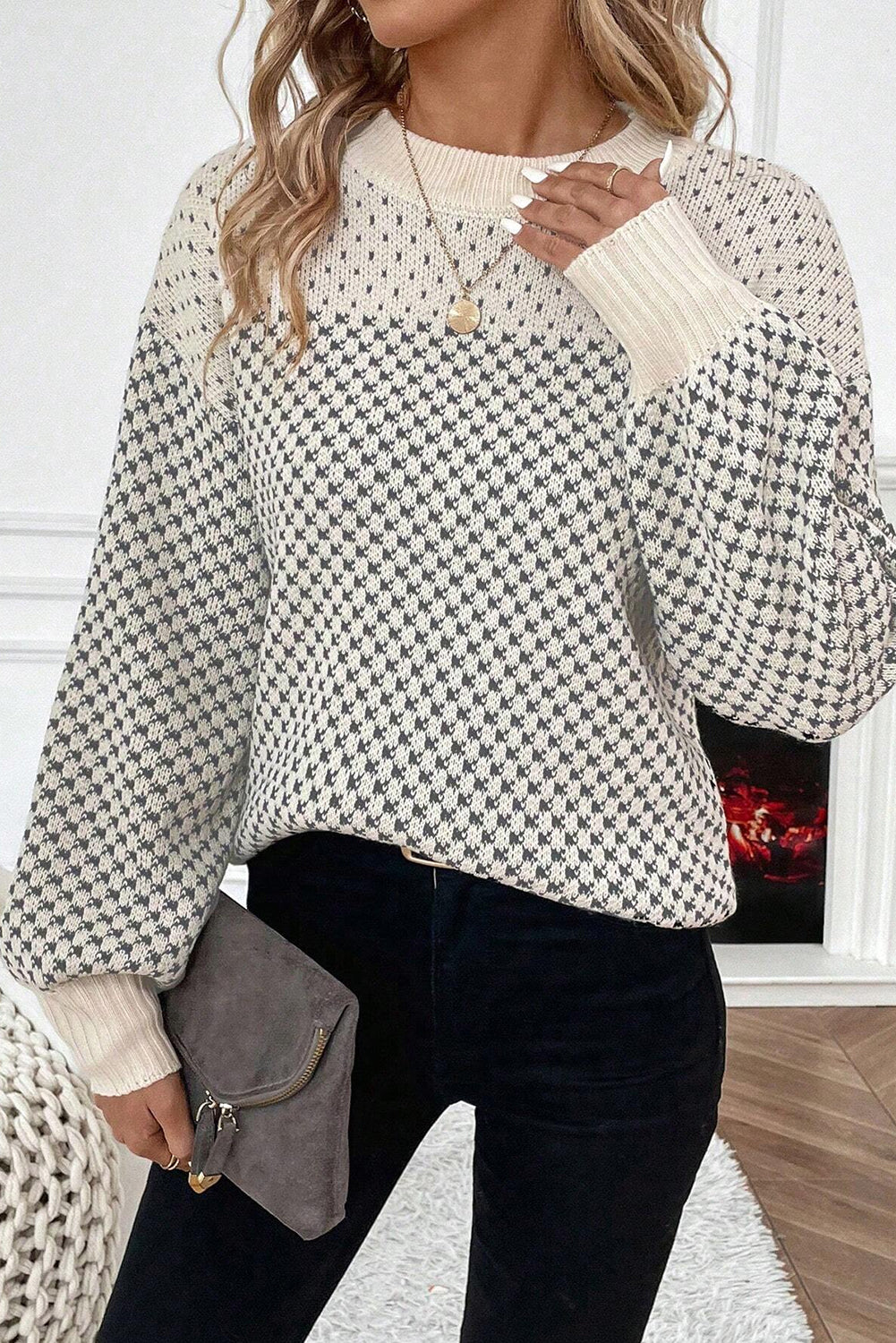 Gray Contrast Color Pattern Lantern Sleeve Sweater