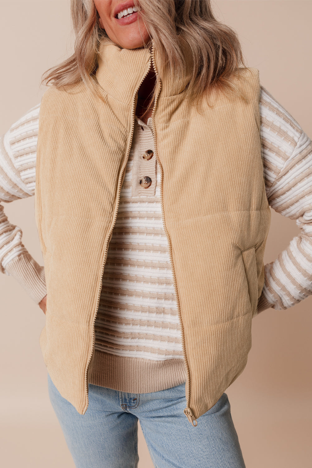 Light French Beige Corduroy Stand Neck Zipped Puffer Vest