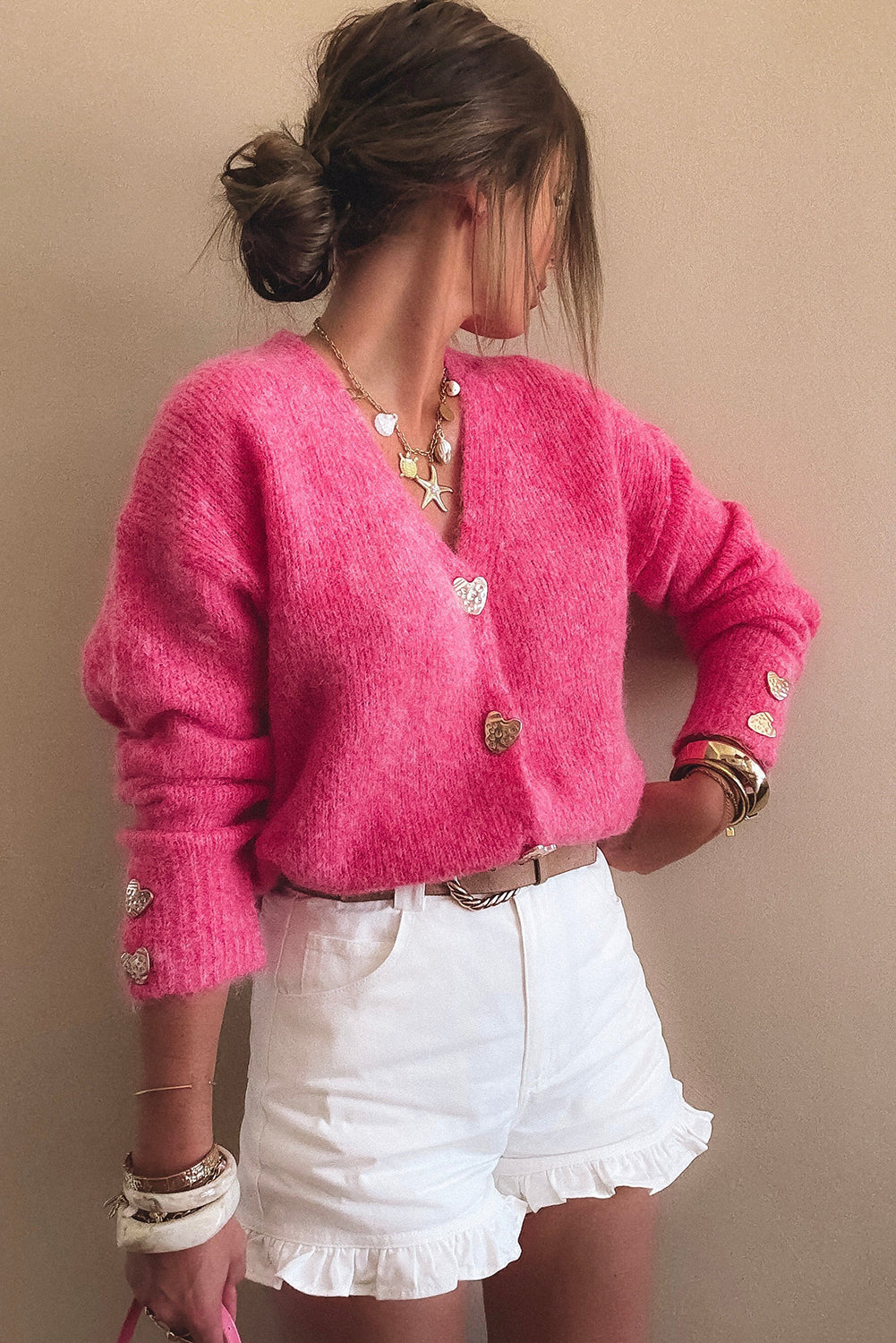 Strawberry Pink V Neck Heart Chunky Knit Metal Button Sweater Cardigan