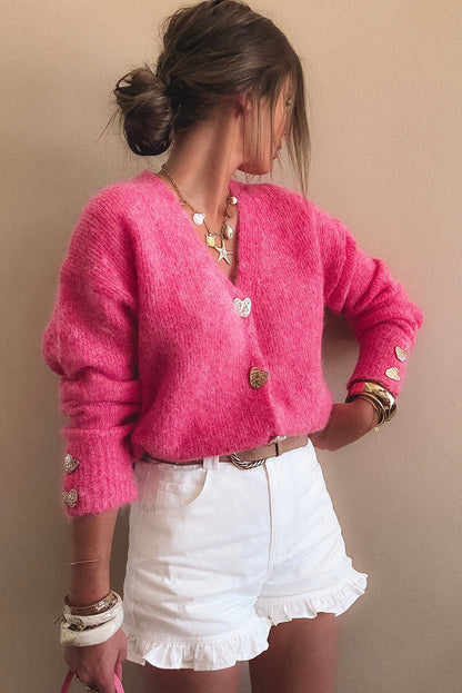 Strawberry Pink V Neck Heart Chunky Knit Metal Button Sweater Cardigan