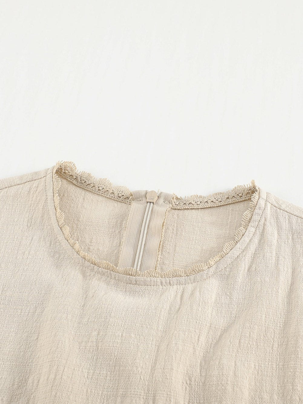 Billowed Puff Sleeve Cotton & Linen Blouse with Crew Neck