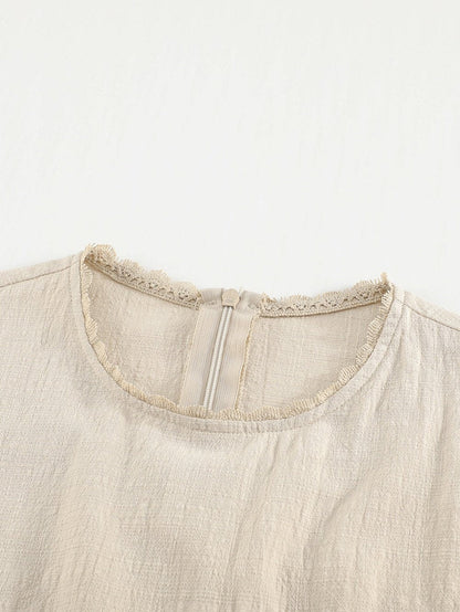 Billowed Puff Sleeve Cotton & Linen Blouse with Crew Neck