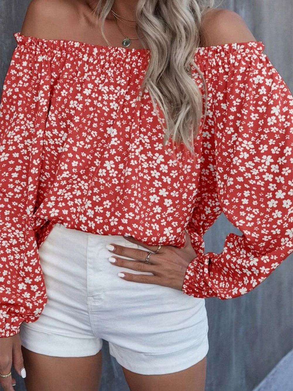 Floral Fire Red Off-Shoulder Blouse with Lantern Sleeves