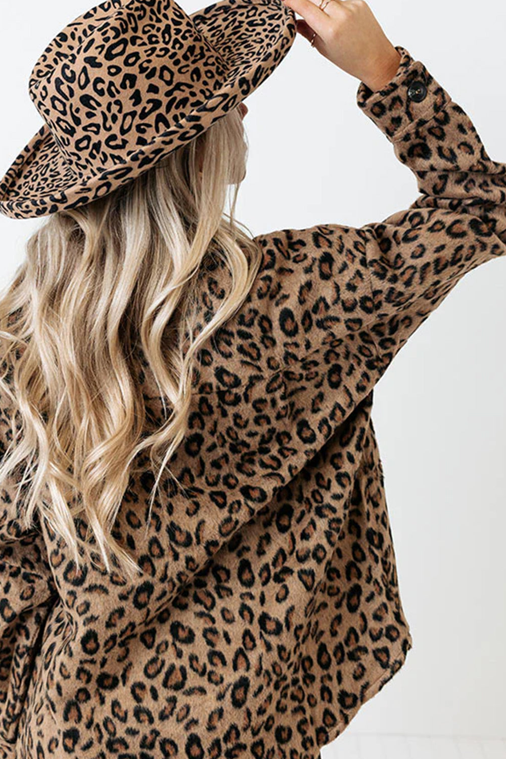 Khaki Button Flap Pocket Leopard Fleece Shacket