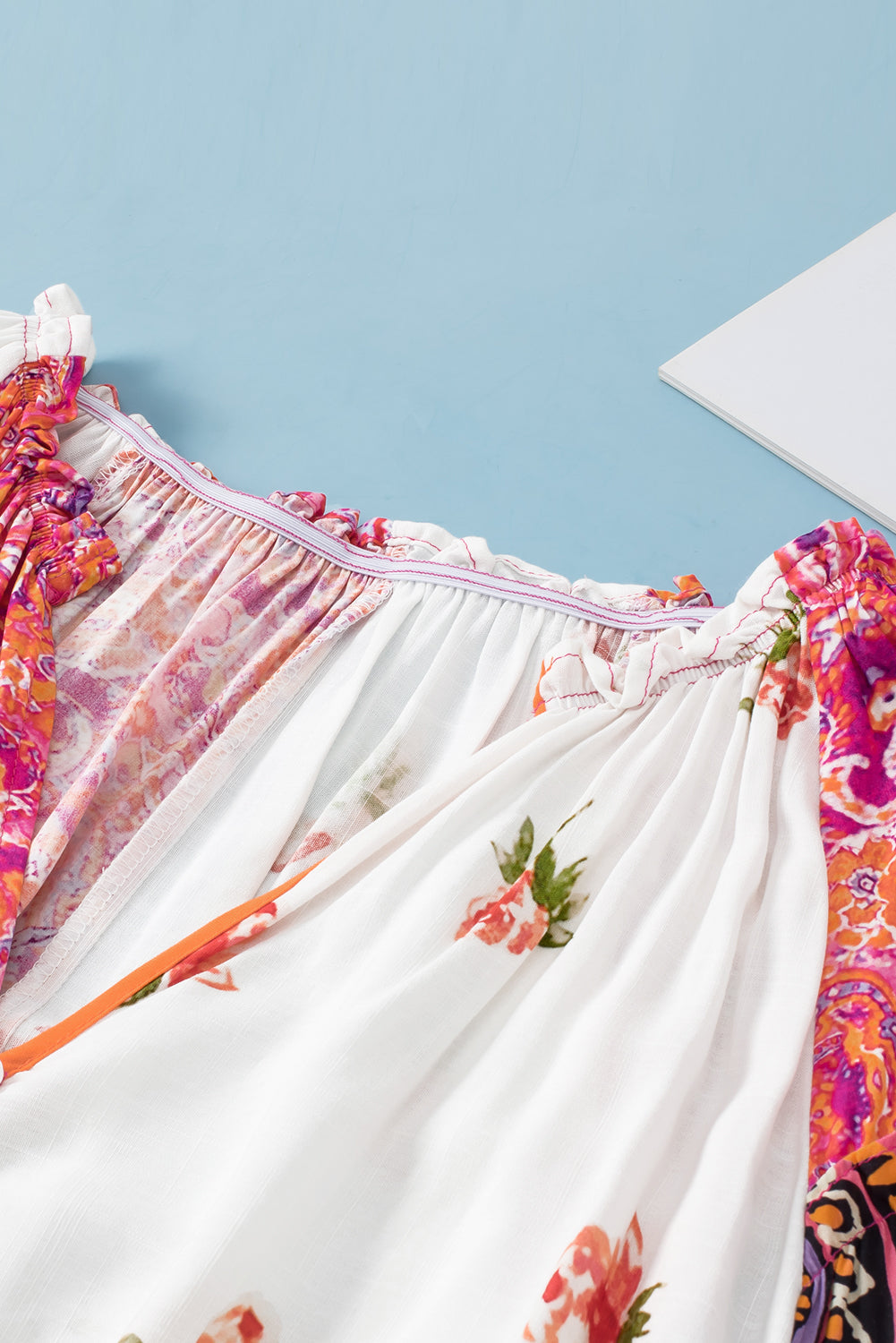 Pink Floral Print V-Neck Button-Up Blouse with Shirred Cuffs