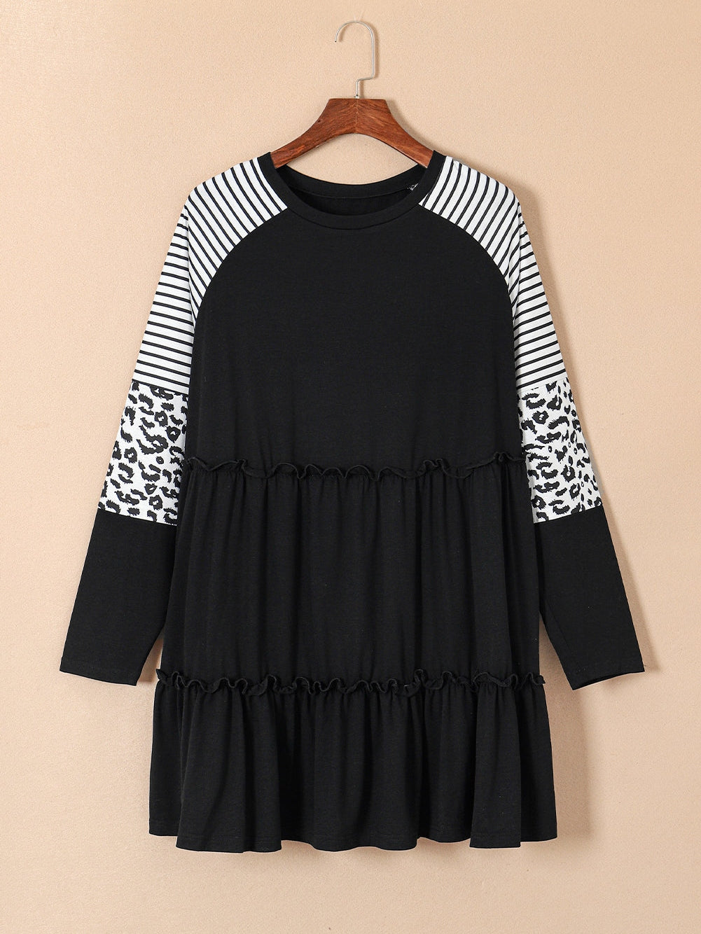 Black Plus Size Striped Leopard Patch Sleeve Ruffle Tiered Dress