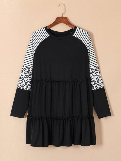 Black Plus Size Striped Leopard Patch Sleeve Ruffle Tiered Dress