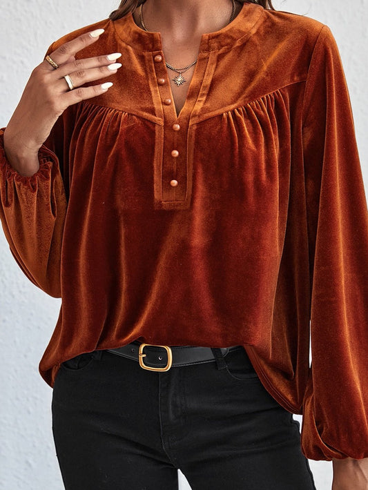 Golden Flare Lantern Sleeve Embellished Split V-Neck Velvet Blouse