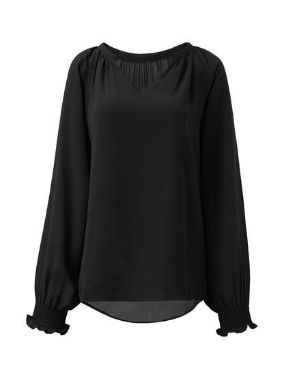 Elegant Black V-Neck Puff Sleeve Pleated Top