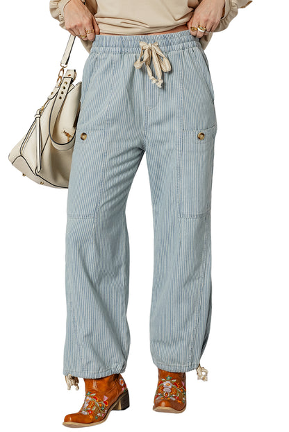 Beau Blue Striped Denim Button Patched Large Pocket Drawstring Jeans