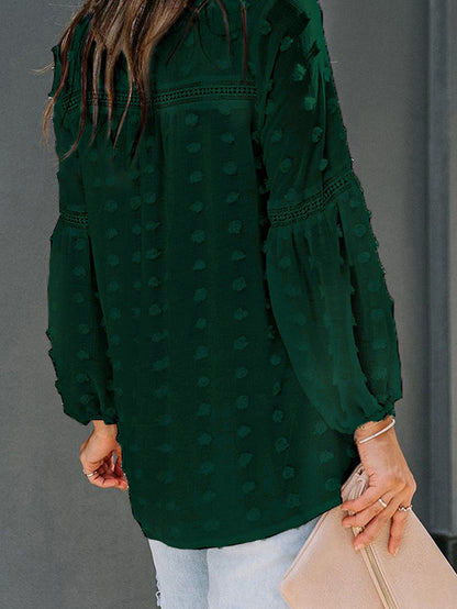 Green Polka Dot Lace Ruffle Split Neck Puff Sleeve Blouse