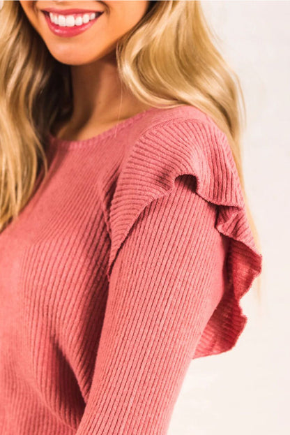 Coral Ribbed Ruffled Round Neck Long Sleeve Knit Top