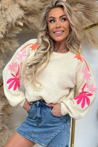 Beige Embroidered Floral Sleeve Round Neck Loose Sweater
