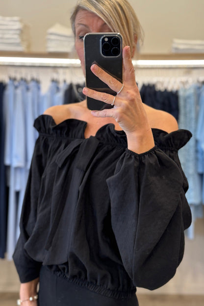 Black Knot Front Frilled Off Shoulder Long Sleeve Blouse