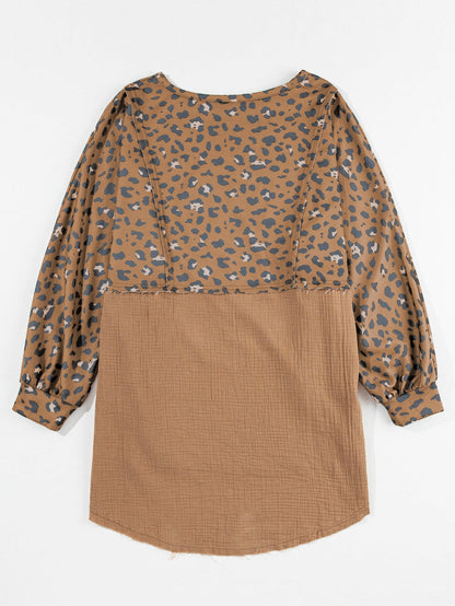 Leopard Patchwork Oversized Brown Blouse with Raw Hem