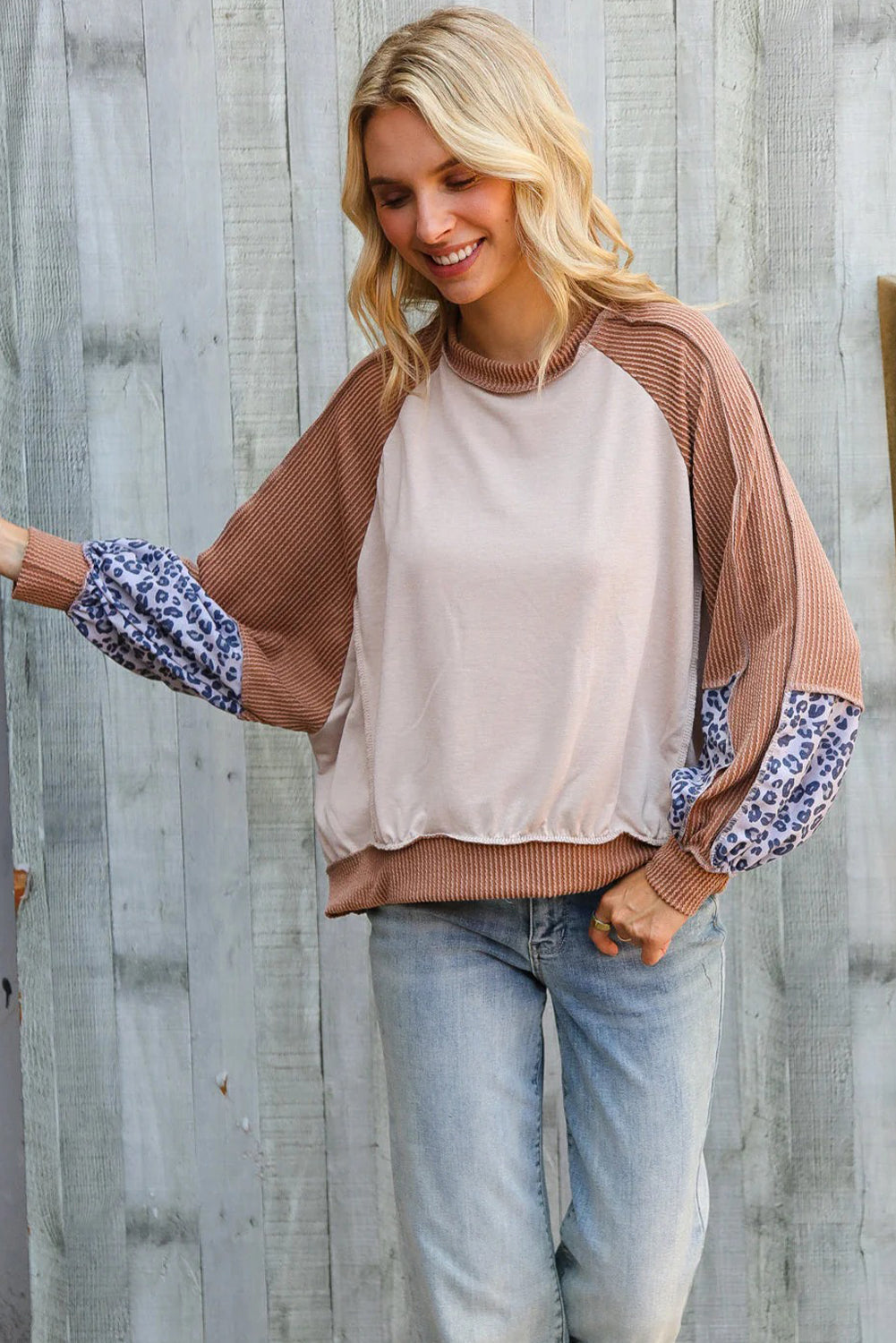 Straw Yellow Color Block Twisted Rib Leopard Patchwork Long Sleeve Top