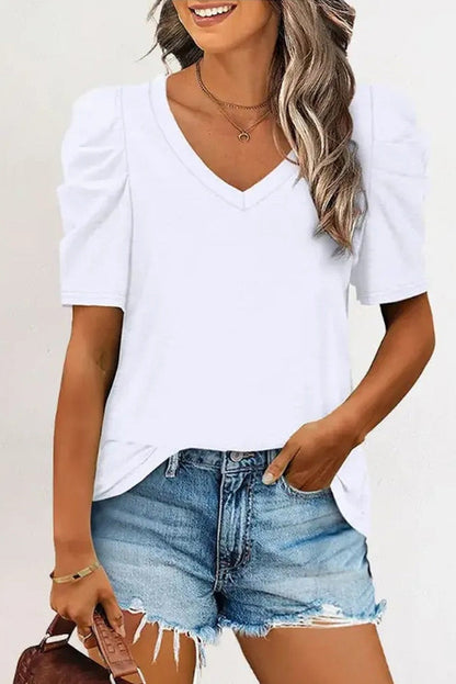 Elegant White Puff Sleeve V-Neck Top