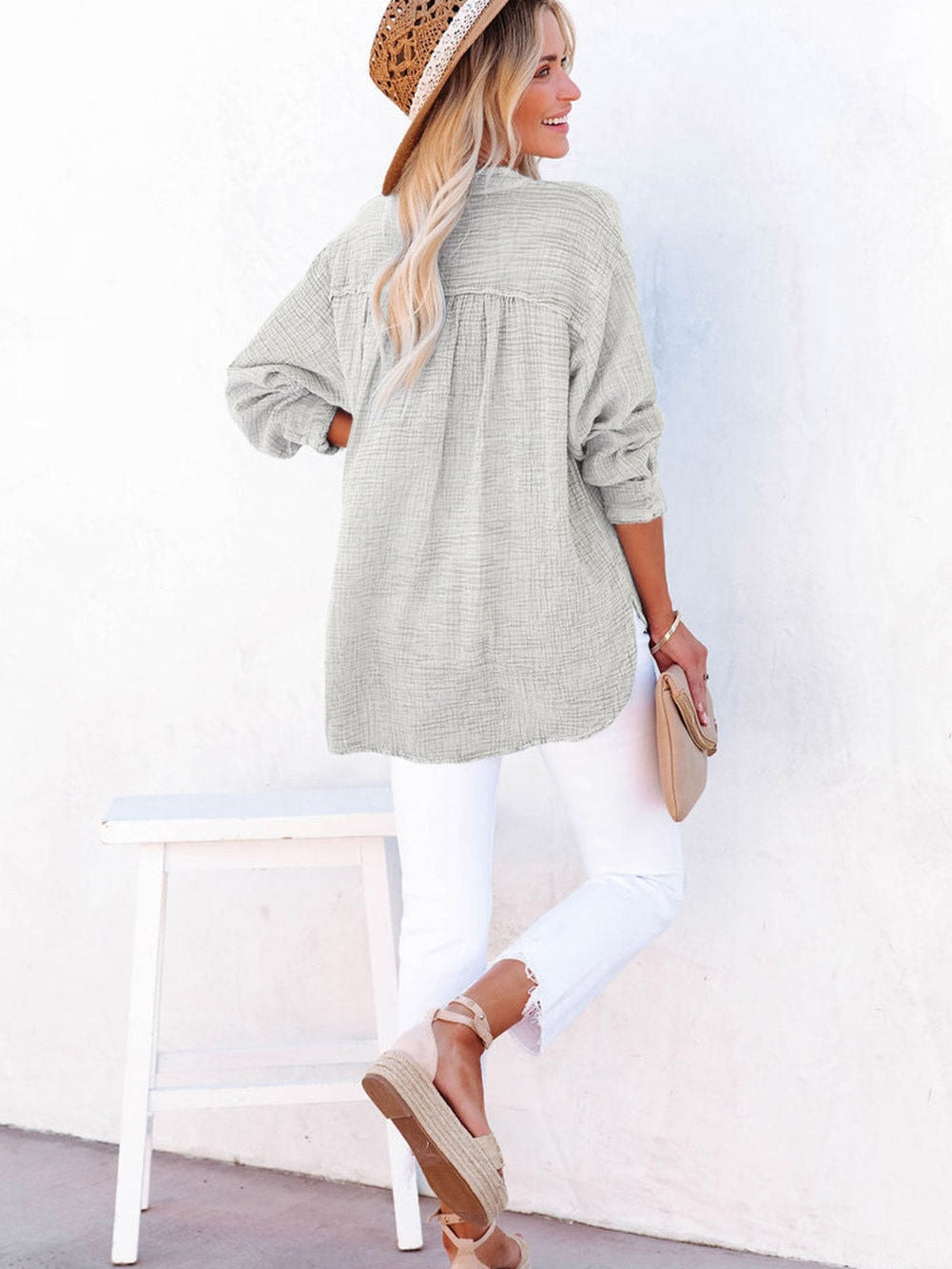 Gray Crinkle Texture Henley Top with Loose Fit