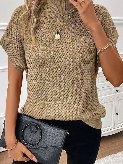 Elegant Pale Khaki Turtleneck Textured Short Sleeve Jumper