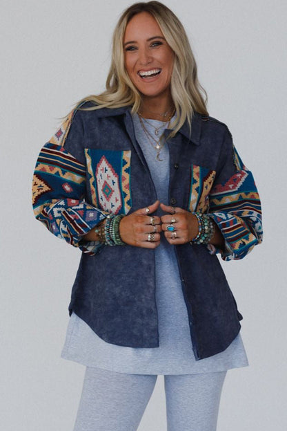 Dirty blue Aztec Print Patchwork Button Down Corduroy Shacket