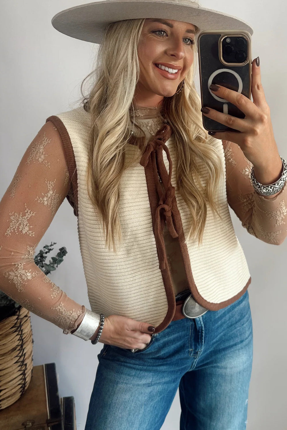 White Horizontal Ribbed Knit Contrast Trim Knot Front Sweater Vest