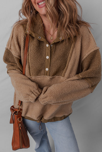 Straw Yellow 2-tone Color Block Patchwork Half Button Sherpa Sweatshirt