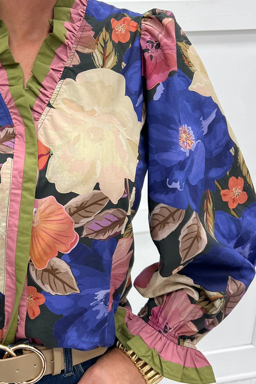 Blue Fall Leaf Floral Print Frilly Striped Trim V Neck Puff Sleeve Blouse