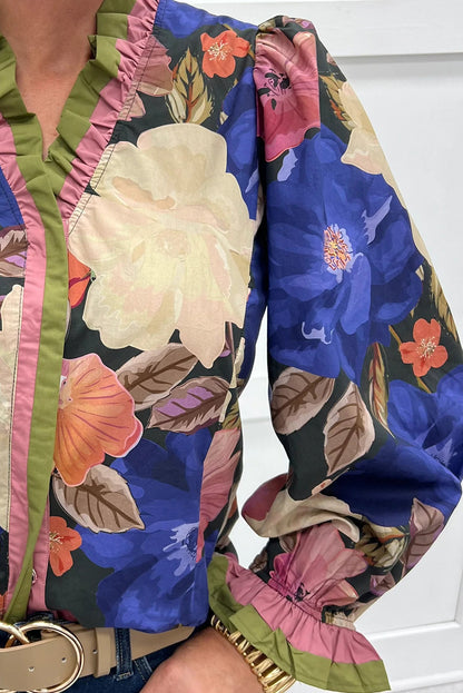 Blue Fall Leaf Floral Print Frilly Striped Trim V Neck Puff Sleeve Blouse