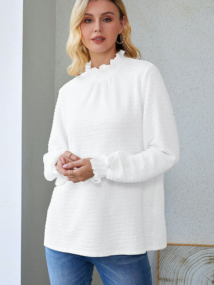Elegant Textured White Lantern Sleeve Blouse with Smocked High Neck