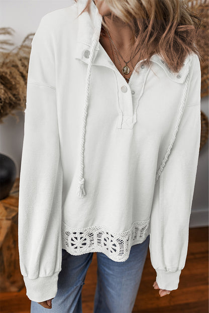 White Button Stand Neck Lace Hem Patchwork Drop Shoulder Sweatshirt