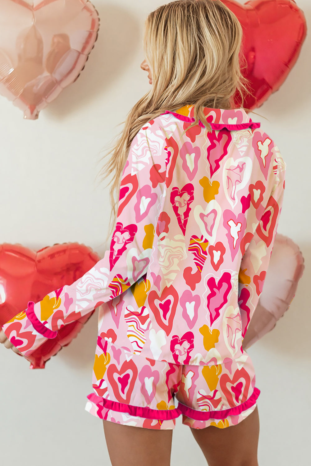 Pink Whimsical Heart Print Frilled Trim Tie Front Shirt Style Lounge Short Set